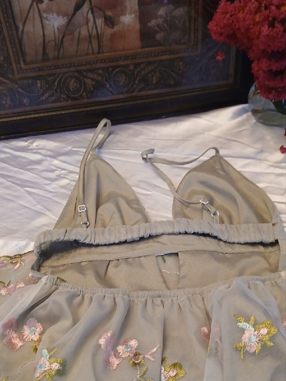 Sage Mini Dress with Pink Floral Embroidery - Picture 2 of 3